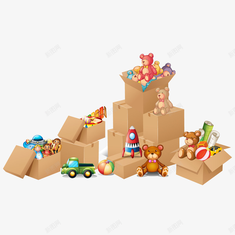 一堆玩具png免抠素材_新图网 https://ixintu.com 儿童 牛皮纸箱子 玩具熊 箱子 纸箱子
