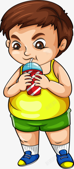 5月11喝饮料的卡通胖子高清图片