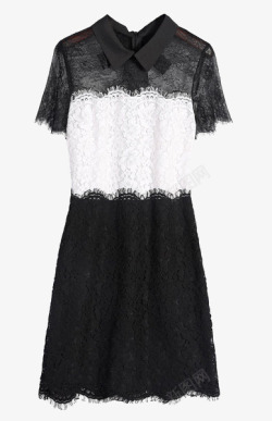 条纹拼色连衣裙黑白拼接蕾丝裙高清图片