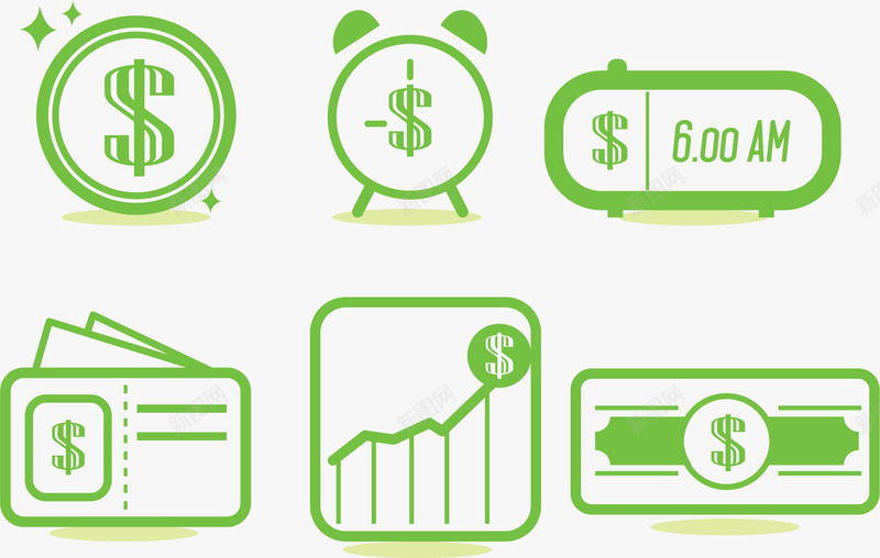 绿色商务元素装饰图png免抠素材_新图网 https://ixintu.com 商务元素 绿色 装饰图案 钱币符号 闹钟