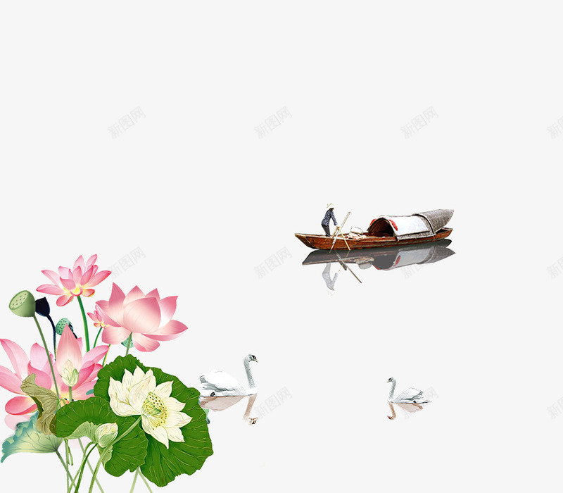春季粉色荷花河流上的船只psd免抠素材_新图网 https://ixintu.com 免抠荷花 天鹅游泳 春季 河流上的船只 粉色 绿色荷叶 荷花
