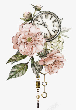 白色闹钟手绘粉色花朵和闹钟高清图片
