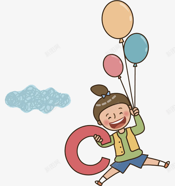 跳跃的小女孩png免抠素材_新图网 https://ixintu.com 云彩 人物 卡通 女孩 开心 彩色 手绘 气球 英文字母