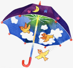 儿童画雨伞下的鸟儿们素材