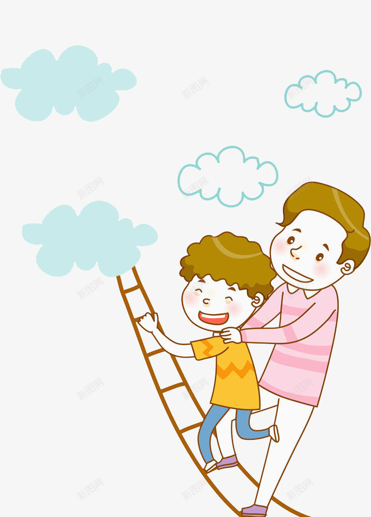 卡通爬梯子的父子图png免抠素材_新图网 https://ixintu.com 云彩 创意的 卡通 帅气的 插图 梯子 父子 高兴地