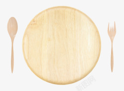棕色木质纹理圆木盘和木勺子木勺素材