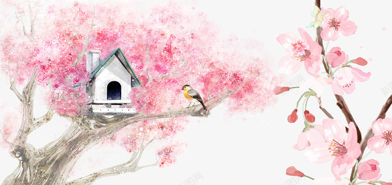 水彩风格树png免抠素材_新图网 https://ixintu.com 房子 树上的房子 桃花 桃花树 粉色 粉色树
