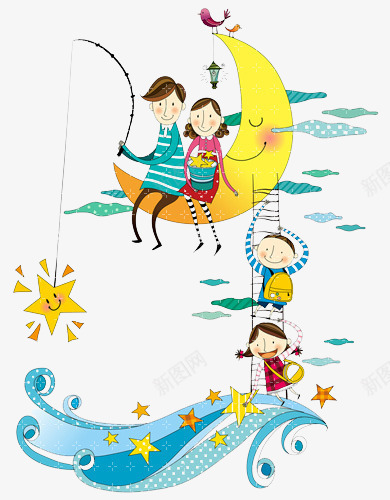孩子坐在月亮上png免抠素材_新图网 https://ixintu.com 云朵 小孩 插画 星星 梯子 绘画