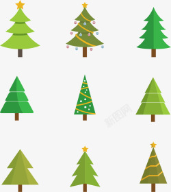 扁平绿色圣诞树不同形态素材