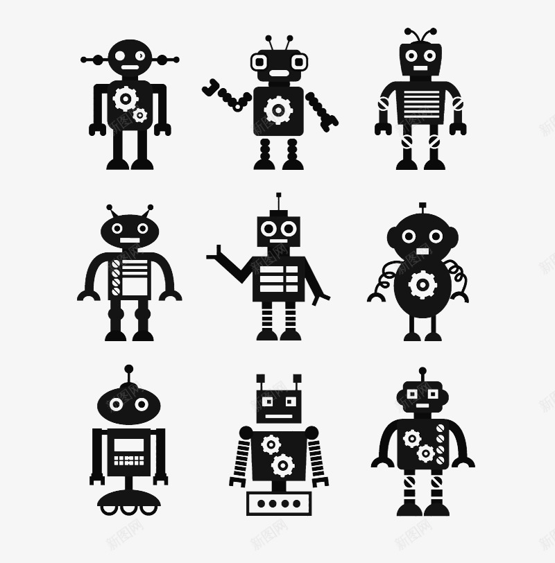 9款黑色机器人png免抠素材_新图网 https://ixintu.com 创意 机器人矢量 科技 黑白