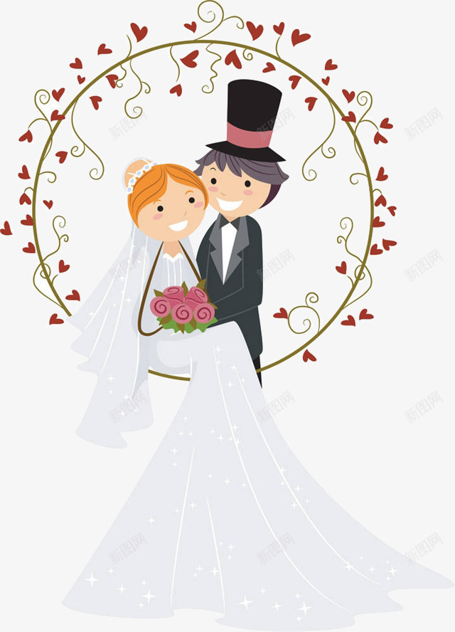 卡通结婚的新人png免抠素材_新图网 https://ixintu.com 卡通 爱心花环 爱心装饰 粉色的手捧花 结婚的新人 金色的花环