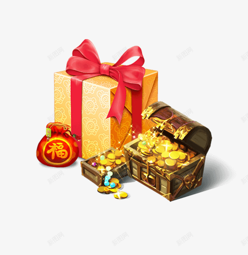 礼物盒宝箱png免抠素材_新图网 https://ixintu.com 中国风素材 宝箱 礼品盒 福袋 财富 过年 金色