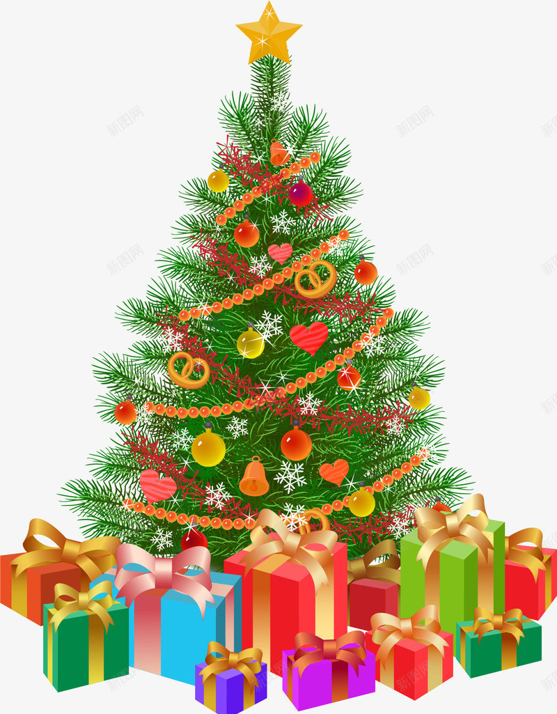 圣诞节绿色圣诞树png免抠素材_新图网 https://ixintu.com 圣诞礼物 圣诞节 多彩礼盒 爱心挂饰 绿色圣诞树 黄色星星