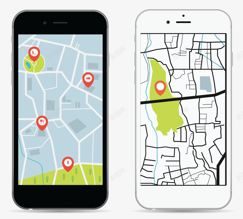 手机导航矢量图eps免抠素材_新图网 https://ixintu.com 位置 导航 手机 白色手机 线路 黑色手机 矢量图