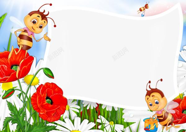 红色鲜花和卡通蜜蜂边框png免抠素材_新图网 https://ixintu.com 画框 相框 蜜蜂 边框
