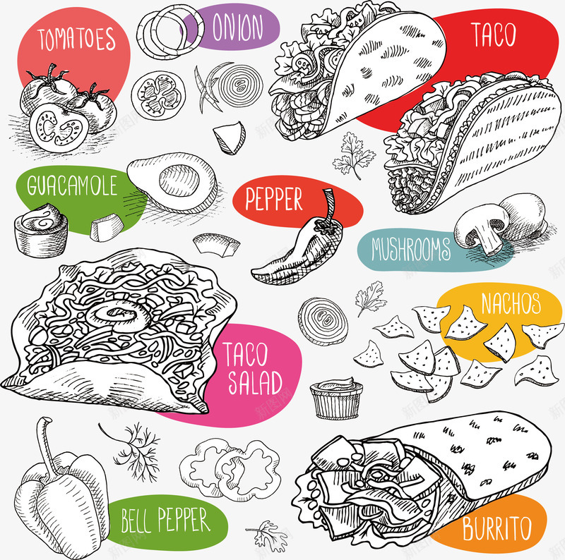 素描蔬菜矢量图ai免抠素材_新图网 https://ixintu.com 卷饼 手绘 番茄 素描 蔬菜 蘑菇 辣椒 黑白 矢量图
