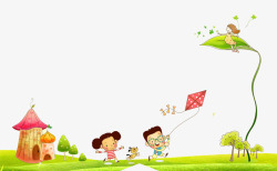 可爱卡通草地儿童放风筝素材