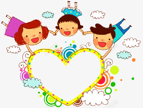 手绘三个小孩围绕在爱心旁png免抠素材_新图网 https://ixintu.com 云朵 太阳 小孩子 爱心