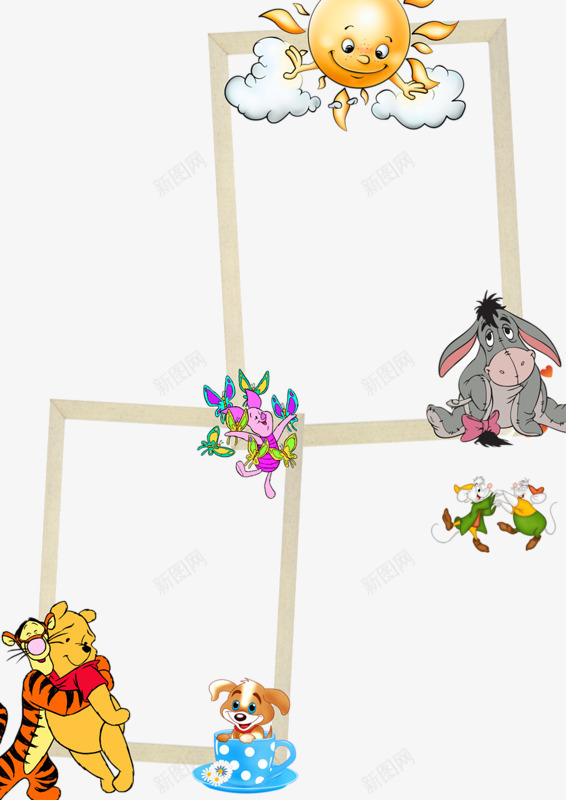 儿童相框png免抠素材_新图网 https://ixintu.com 云彩 儿童相框 动物 卡通手绘相框 太阳