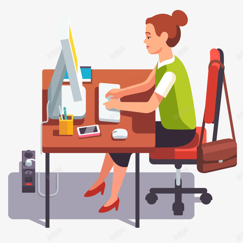 加班的女人png免抠素材_新图网 https://ixintu.com 人物 女人 手机 插座 桌子 椅子 电脑 鼠标