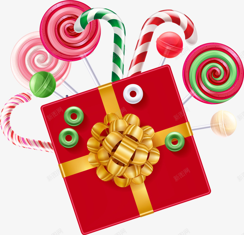 红色圣诞节礼盒糖果png免抠素材_新图网 https://ixintu.com 圣诞快乐 圣诞节 拐杖糖果 棒棒糖 糖果 红色礼物