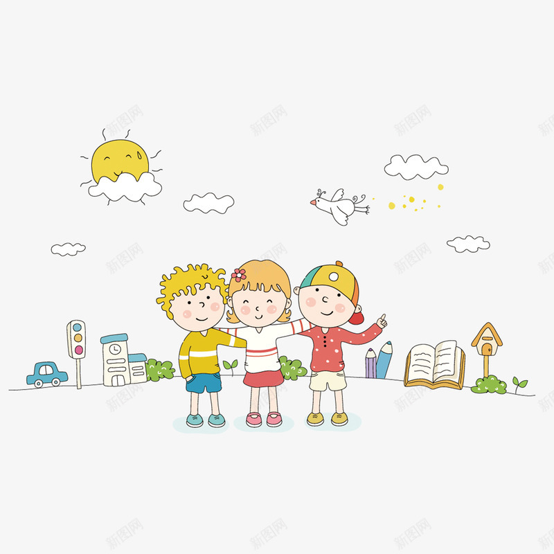 61儿童节上学的三位小朋友png免抠素材_新图网 https://ixintu.com 61 上学 儿童节 孩子