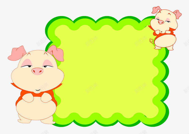 小猪边框png免抠素材_新图网 https://ixintu.com 动物 卡通风格 波浪形状 绿色边框