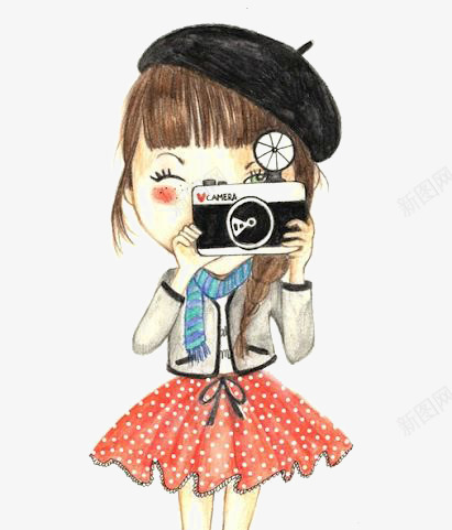 拍照png免抠素材_新图网 https://ixintu.com 卡通女生 可爱女孩 复古相机 手绘女生 黑白相机