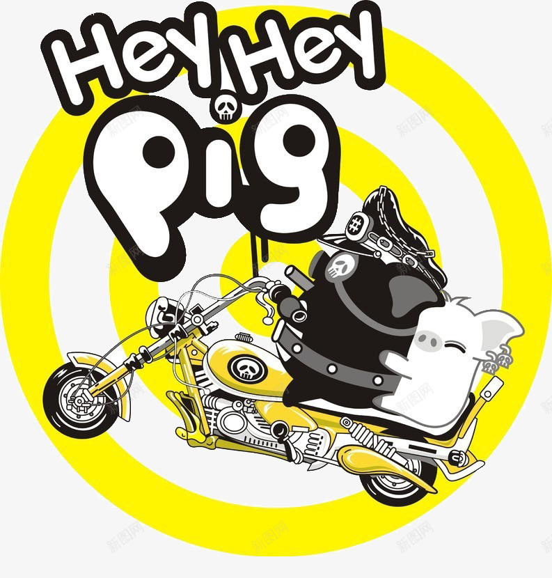 小猪骑摩托车png免抠素材_新图网 https://ixintu.com 卡通 可爱 黄色 黑白猪