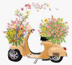 矢量装饰摩托车卡通手绘摩托车鲜花装饰图案高清图片