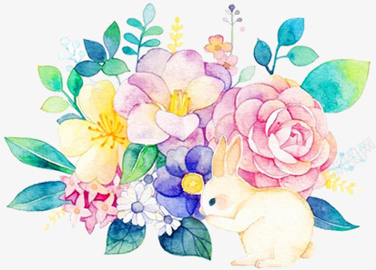 植物鲜花png免抠素材_新图网 https://ixintu.com 兔子 动物 形状 手绘 插画 油画 花朵