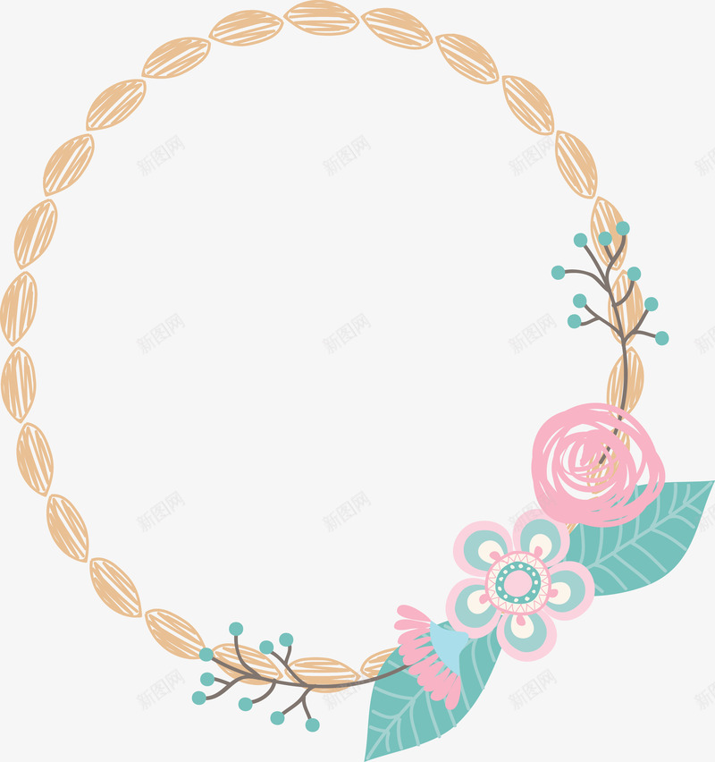 花朵与圆环png免抠素材_新图网 https://ixintu.com 卡通 叶子 手绘 橘色 粉色 花朵 花环 蓝色