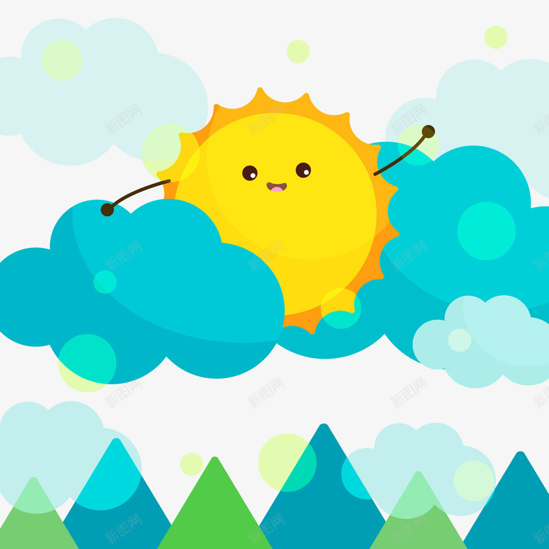卡通夏季云中的太阳png免抠素材_新图网 https://ixintu.com 卡通太阳 卡通树木 可爱表情 背景装饰 蓝色云朵