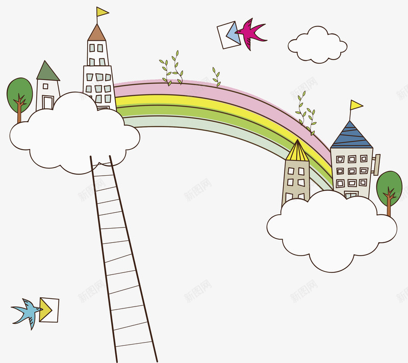 梯子和彩虹png免抠素材_新图网 https://ixintu.com 云彩 信件 创意的 卡通 学校 小鸟 彩虹 梯子