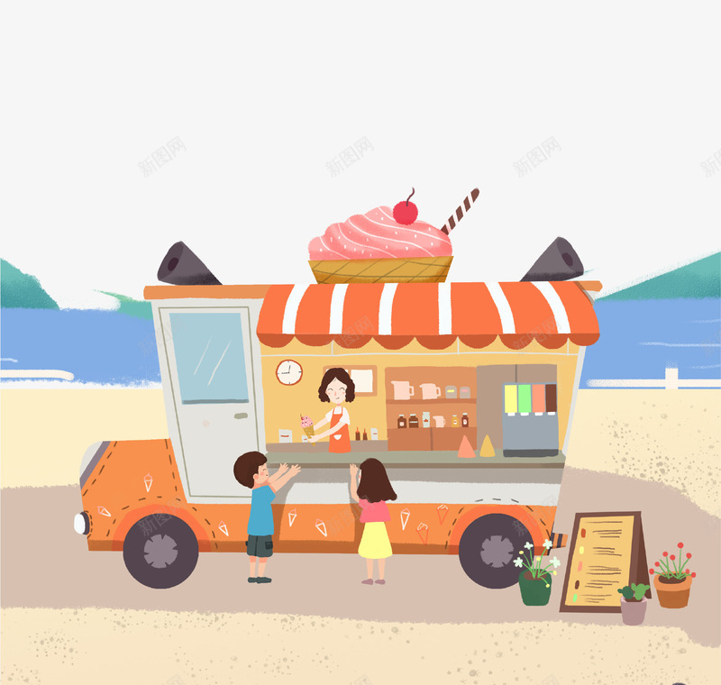 卡通手绘夏日销售车psd免抠素材_新图网 https://ixintu.com 儿童 冰淇淋 卡通手绘 插画 海滩 海边 销售车