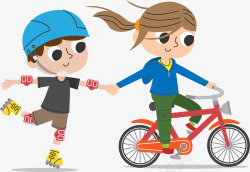骑自行车的儿童手牵手好朋友高清图片