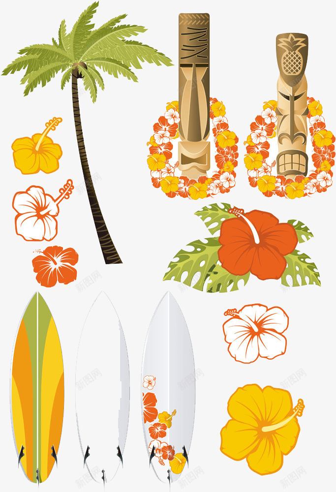 花朵和冲浪板png免抠素材_新图网 https://ixintu.com 冲浪板 插画 椰子树 花卉 花朵 花环