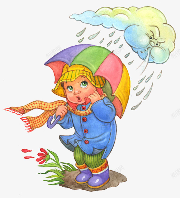 下雨打伞的小孩png免抠素材_新图网 https://ixintu.com 下雨 云朵 卡通PNG素材 围巾 彩色雨伞