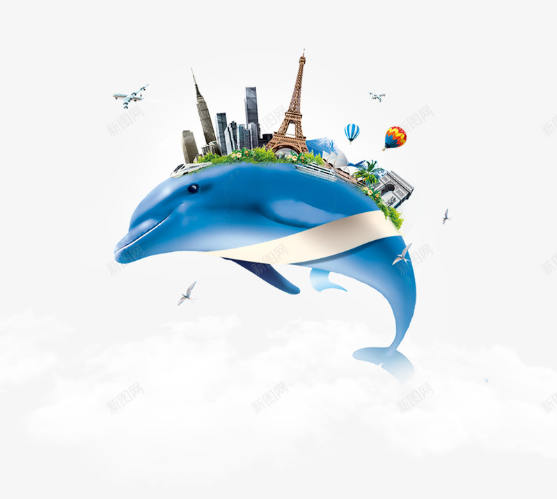 空中海豚上的城市png免抠素材_新图网 https://ixintu.com 世界 云彩 城市 海豚 热气球 空中 蓝天 飞机