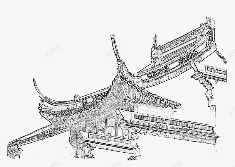 手绘中国风古宅屋角png免抠素材_新图网 https://ixintu.com 古宅 屋角 手绘 黑白