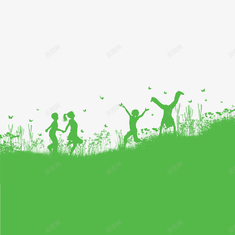 郊外玩耍的4个儿童剪影png免抠素材_新图网 https://ixintu.com 儿童 地面 小孩子 绿色 郊外玩耍