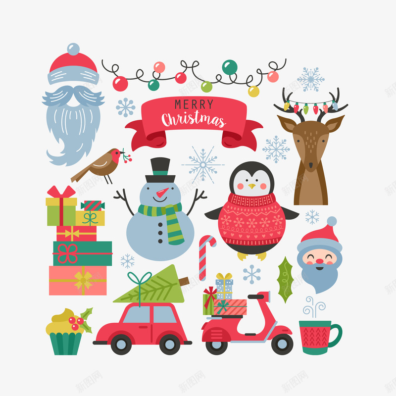 圣诞节手绘汽车png免抠素材_新图网 https://ixintu.com 企鹅 圣诞树 汽车 电动车 礼物 雪人