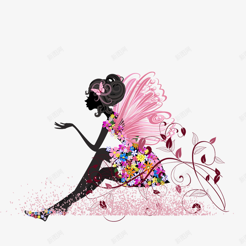 粉色现代海报装饰png免抠素材_新图网 https://ixintu.com 卡通 女人 彩色花 手绘 插画 礼服 粉色 粉色海报 翅膀 裙子 鲜花
