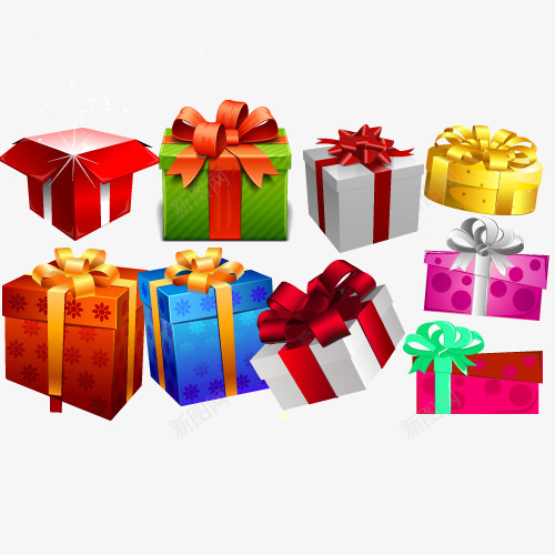 礼物盒psd免抠素材_新图网 https://ixintu.com 圣诞节装饰 带彩带的盒子 彩色盒子 枚红色 橘黄色 白色 盒子 礼物 绿色 黄色
