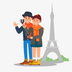 法国海报背景一对在巴黎铁塔前自拍的情侣矢量图高清图片