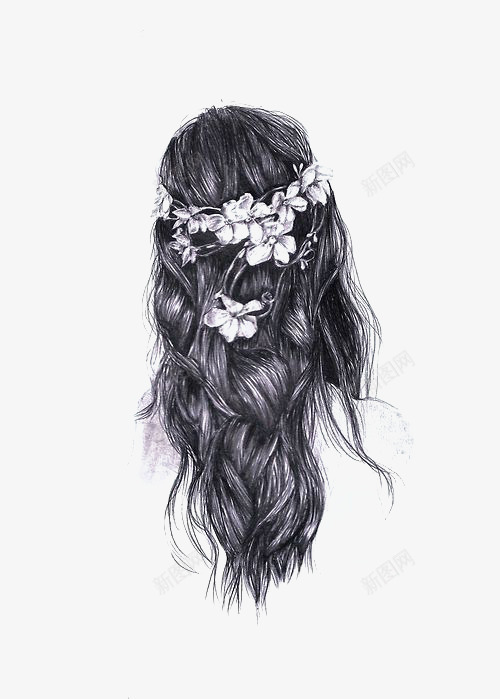 花环少女png免抠素材_新图网 https://ixintu.com 卷发 插画 文艺女孩 花环 黑白
