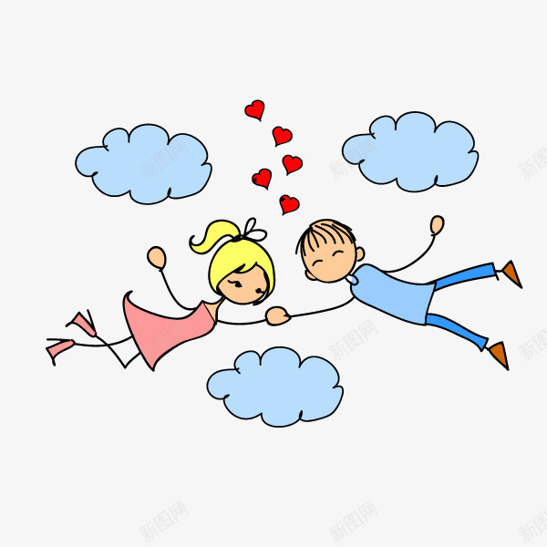 牵手飞翔的卡通情侣图png免抠素材_新图网 https://ixintu.com 云朵 幸福的 爱心 牵手 相爱的 简图 飞翔
