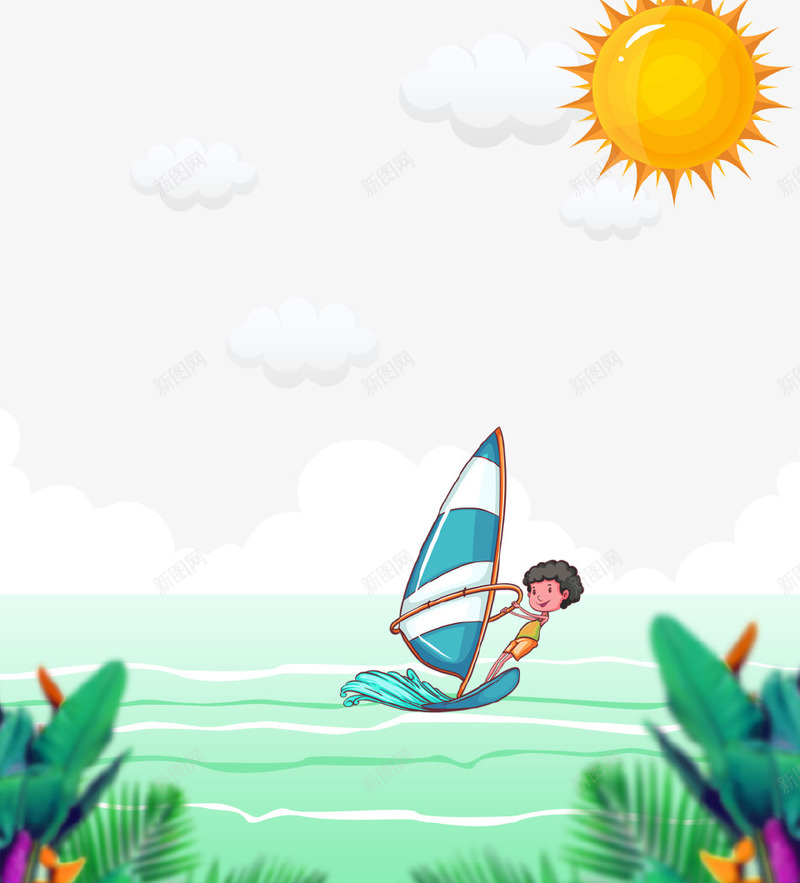 卡通手绘夏季冲浪插画psd免抠素材_新图网 https://ixintu.com 云朵 冲浪 卡通手绘 夏季 大海 太阳 插画 树叶