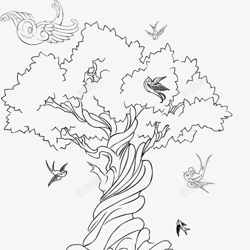 鸟儿盘旋的古树手绘png免抠素材_新图网 https://ixintu.com 填色练习 大树 手绘卡通 手绘古树 手绘图 树木 素描图 绘画 鸟儿盘旋 黑白素描