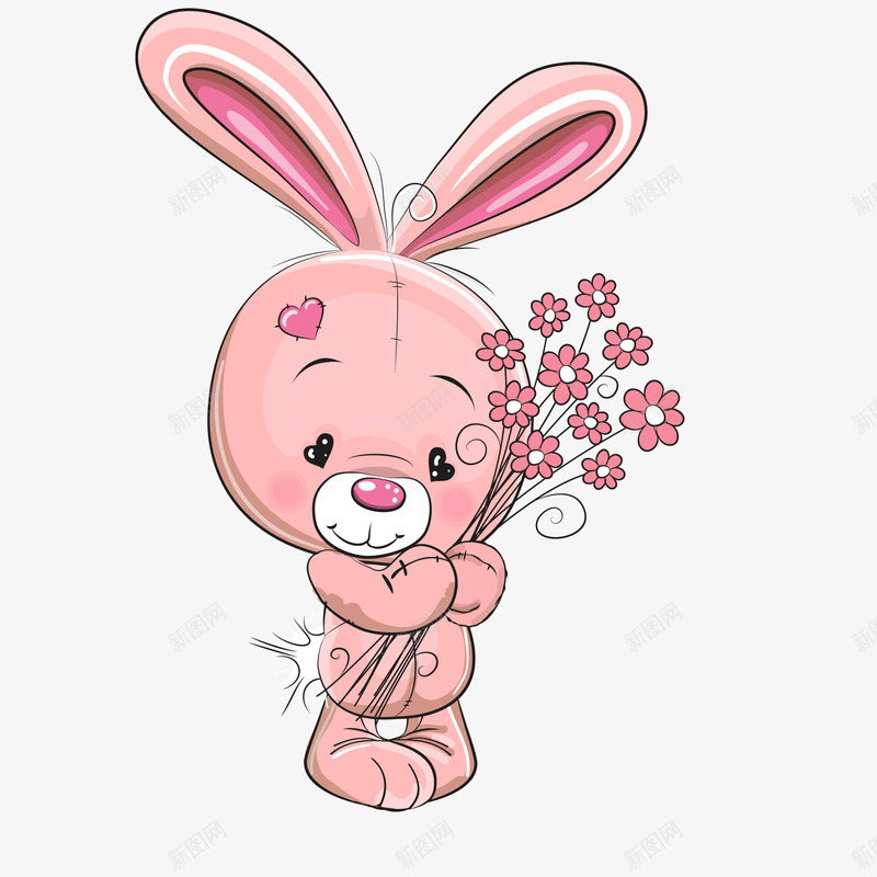 拿着鲜花的小兔子矢量图ai免抠素材_新图网 https://ixintu.com 动物 小兔子 情人节 手绘 粉红色 花朵 送花 矢量图